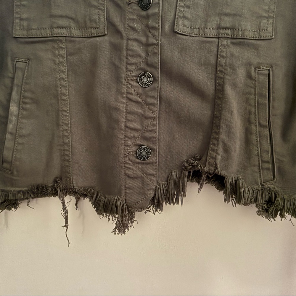 Hidden Cropped Denim Jacket Frayed Hem Olive Army Green Military EUC Small - Picture 6 of 10